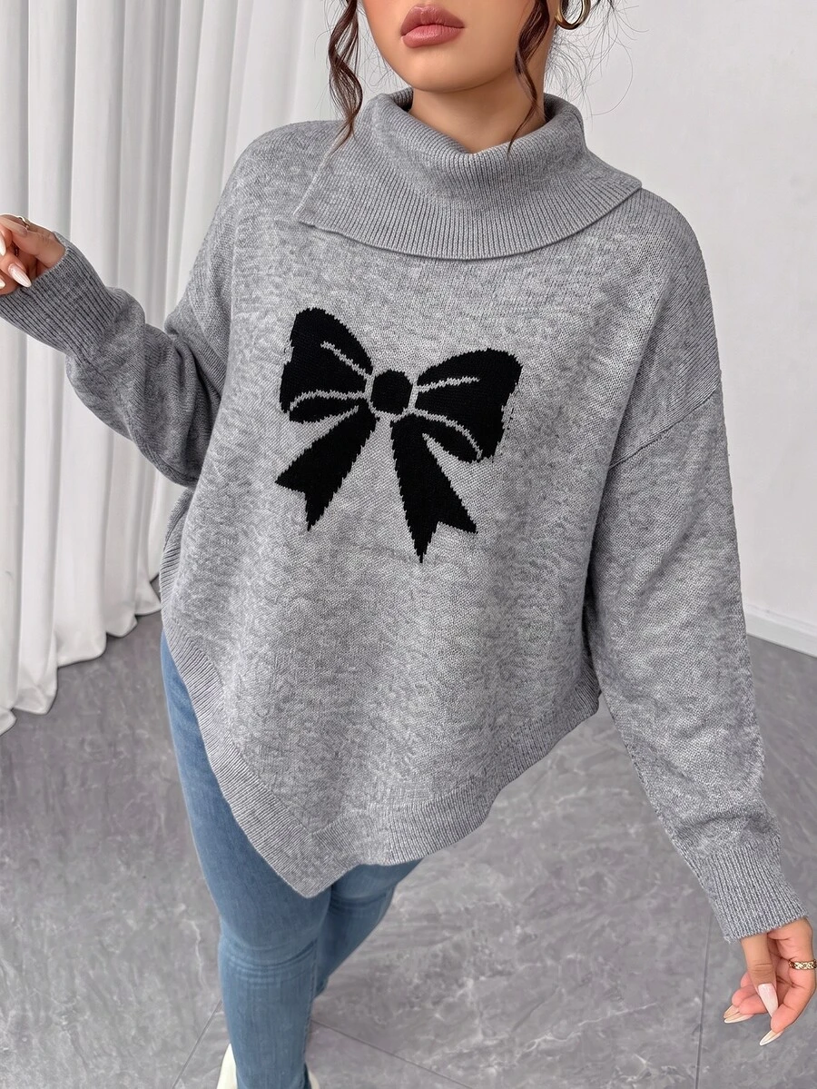 Elenzga Plus Size Gray Bowknot High Neck Sweater Women Asymmetrical Hem Loose Fit Flattering Slimming Lazy Knit Top Winter - Grey - View 1