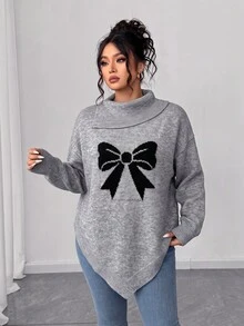 Elenzga Plus Size Gray Bowknot High Neck Sweater Women Asymmetrical Hem Loose Fit Flattering Slimming Lazy Knit Top Winter - Grey - View 6