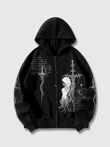 ROMWE MEN Goth Men's Slogan Round Zipper Hooded Casual Daily Long Sleeve Sweatshirt - Black - View 3