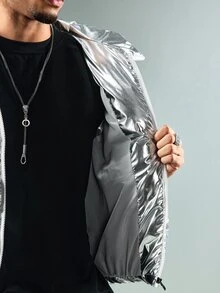 ROMWE MEN Street Life Men's Winter Stand Collar Zip-Up Vest Jacket - Silver - View 9