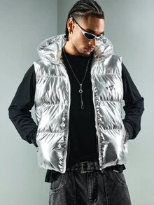 ROMWE MEN Street Life Men's Winter Stand Collar Zip-Up Vest Jacket - Silver - View 5