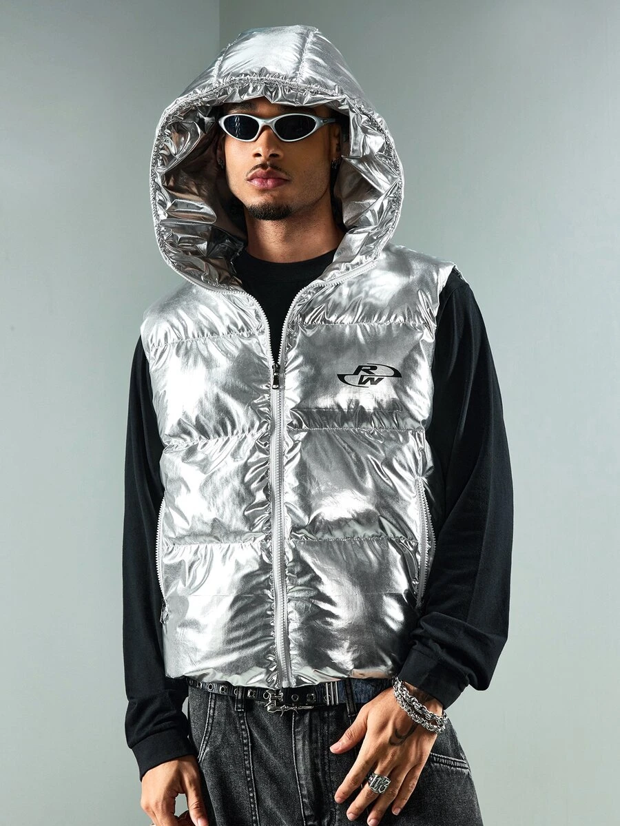 ROMWE MEN Street Life Men's Winter Stand Collar Zip-Up Vest Jacket - Silver - View 1