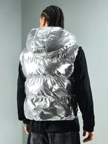 ROMWE MEN Street Life Men's Winter Stand Collar Zip-Up Vest Jacket - Silver - View 3