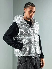 ROMWE MEN Street Life Men's Winter Stand Collar Zip-Up Vest Jacket - Silver - View 4