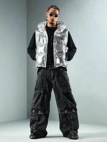 ROMWE MEN Street Life Men's Winter Stand Collar Zip-Up Vest Jacket - Silver - View 8