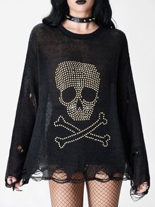 ROMWE Dark Gothic Punk Skull Metal Rivet Distressed Design Round Neck Loose Pullover Sheer Sweater - Black - View 7