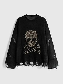 ROMWE Dark Gothic Punk Skull Metal Rivet Distressed Design Round Neck Loose Pullover Sheer Sweater - Black - View 2