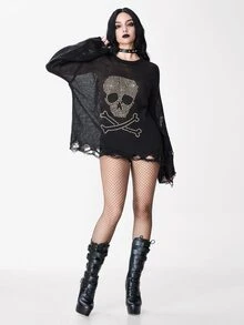 ROMWE Dark Gothic Punk Skull Metal Rivet Distressed Design Round Neck Loose Pullover Sheer Sweater - Black - View 3