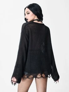 ROMWE Dark Gothic Punk Skull Metal Rivet Distressed Design Round Neck Loose Pullover Sheer Sweater - Black - View 6