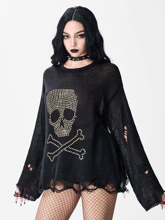 Goth Maglione pullover ampio trasparente con collo rotondo, design gotico punk scuro con teschio, rivetti in metallo e effetto consumato