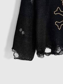 ROMWE Dark Gothic Punk Skull Metal Rivet Distressed Design Round Neck Loose Pullover Sheer Sweater - Black - View 9