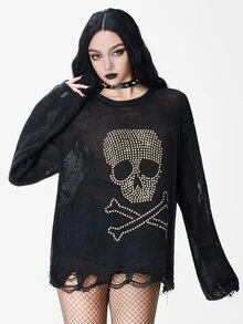 ROMWE Dark Gothic Punk Skull Metal Rivet Distressed Design Round Neck Loose Pullover Sheer Sweater - Black - View 5