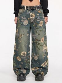 ROMWE Fairycore Vintage Floral Printed Washed Loose Wide Leg Jeans For Women - Blue - View 3