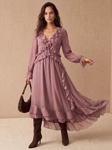 CielaLinda Women's Boho Chiffon Maxi Dress, Long Sleeve Ruffle Dress, Flowy Romantic Gown - Purple - View 4