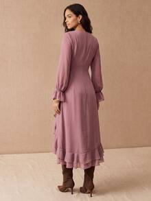 CielaLinda Women's Boho Chiffon Maxi Dress, Long Sleeve Ruffle Dress, Flowy Romantic Gown - Purple - View 2