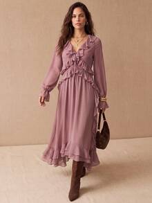 CielaLinda Women's Boho Chiffon Maxi Dress, Long Sleeve Ruffle Dress, Flowy Romantic Gown - Purple - View 1
