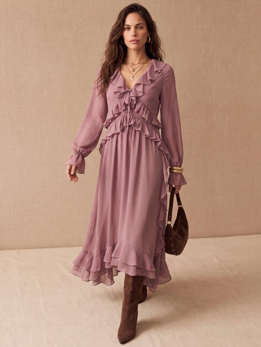 CielaLinda Women's Boho Chiffon Maxi Dress, Long Sleeve Ruffle Dress, Flowy Romantic Gown - Purple - View 1