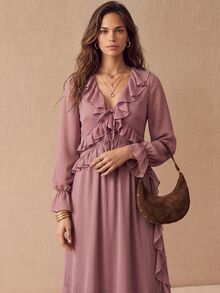 CielaLinda Women's Boho Chiffon Maxi Dress, Long Sleeve Ruffle Dress, Flowy Romantic Gown - Purple - View 3