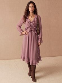 CielaLinda Women's Boho Chiffon Maxi Dress, Long Sleeve Ruffle Dress, Flowy Romantic Gown - Purple - View 5