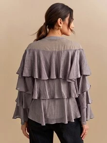 CielaLinda Women's Tencel Tiered Ruffle Long Sleeve Shirt With Tassel Pendant Detail, Purple Blouse - Purple - View 2