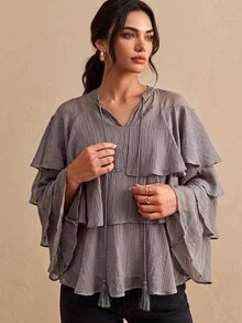 CielaLinda Women's Tencel Tiered Ruffle Long Sleeve Shirt With Tassel Pendant Detail, Purple Blouse - Purple - View 5