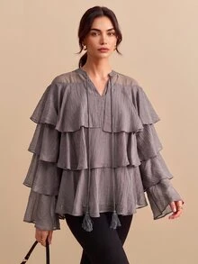 CielaLinda Women's Tencel Tiered Ruffle Long Sleeve Shirt With Tassel Pendant Detail, Purple Blouse - Purple - View 4