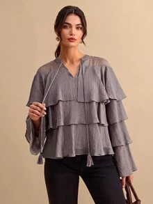 CielaLinda Women's Tencel Tiered Ruffle Long Sleeve Shirt With Tassel Pendant Detail, Purple Blouse - Purple - View 6