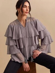 CielaLinda Women's Tencel Tiered Ruffle Long Sleeve Shirt With Tassel Pendant Detail, Purple Blouse - Purple - View 7