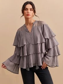 CielaLinda Women's Tencel Tiered Ruffle Long Sleeve Shirt With Tassel Pendant Detail, Purple Blouse - Purple - View 3