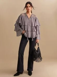 CielaLinda Women's Tencel Tiered Ruffle Long Sleeve Shirt With Tassel Pendant Detail, Purple Blouse - Purple - View 1
