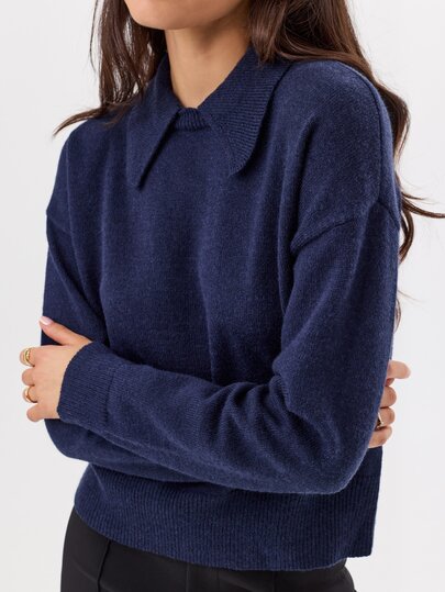 KÆRIA Hus Collared Long Sleeve Heritage Knit Sweater - Deep Navy - Elegant, Luxury, Casual, Modern