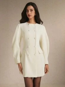 Poéselle Women's Solid Color Double-Breasted Long Sleeve Elegant Short Dress,Suitable For The Office Or Teachers' Day.Winter Dress - White - View 4