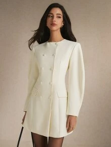 Poéselle Women's Solid Color Double-Breasted Long Sleeve Elegant Short Dress,Suitable For The Office Or Teachers' Day.Winter Dress - White - View 8