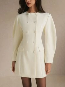 Poéselle Women's Solid Color Double-Breasted Long Sleeve Elegant Short Dress,Suitable For The Office Or Teachers' Day.Winter Dress - White - View 5