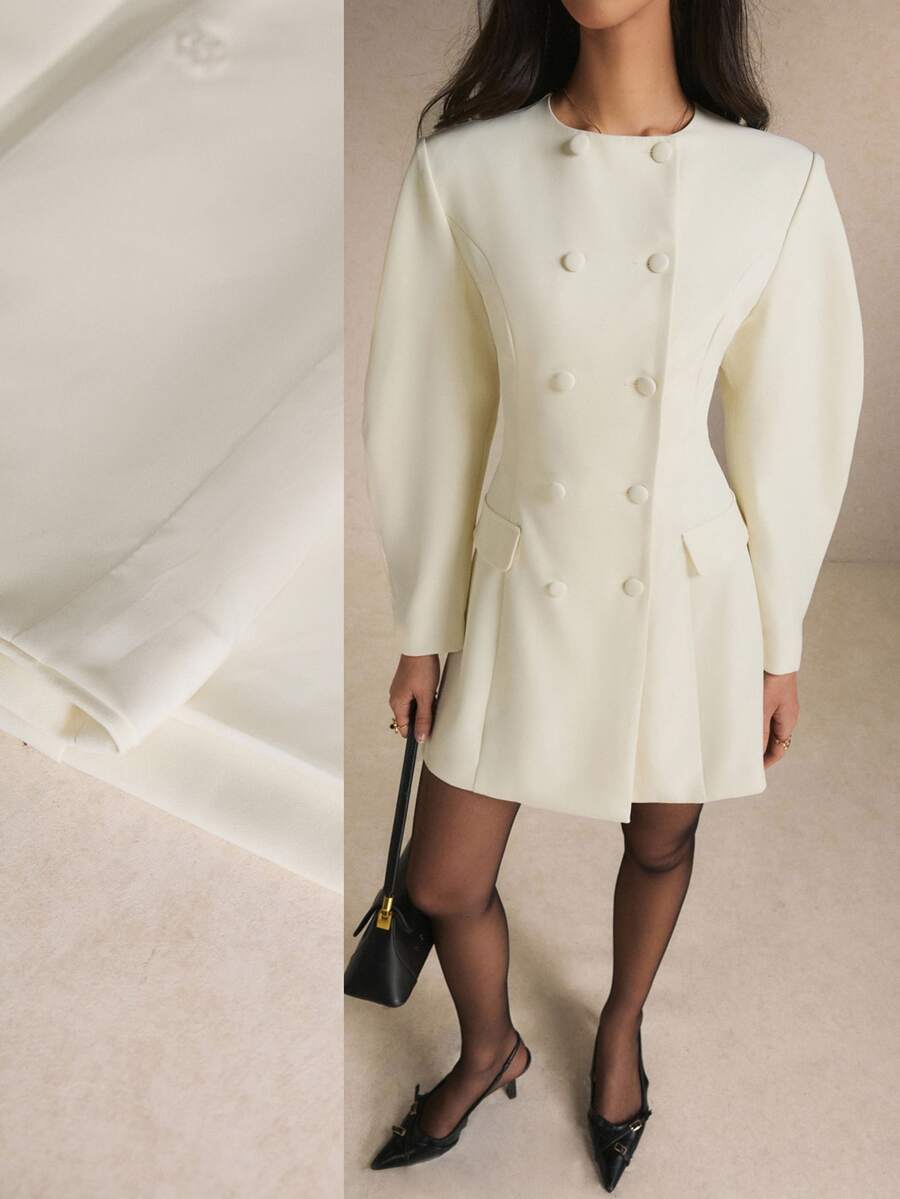 Poéselle Women's Solid Color Double-Breasted Long Sleeve Elegant Short Dress,Suitable For The Office Or Teachers' Day.Winter Dress