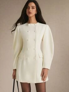 Poéselle Women's Solid Color Double-Breasted Long Sleeve Elegant Short Dress,Suitable For The Office Or Teachers' Day.Winter Dress - White - View 6