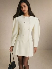 Poéselle Women's Solid Color Double-Breasted Long Sleeve Elegant Short Dress,Suitable For The Office Or Teachers' Day.Winter Dress - White - View 7