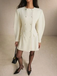 Poéselle Women's Solid Color Double-Breasted Long Sleeve Elegant Short Dress,Suitable For The Office Or Teachers' Day.Winter Dress - White - View 9