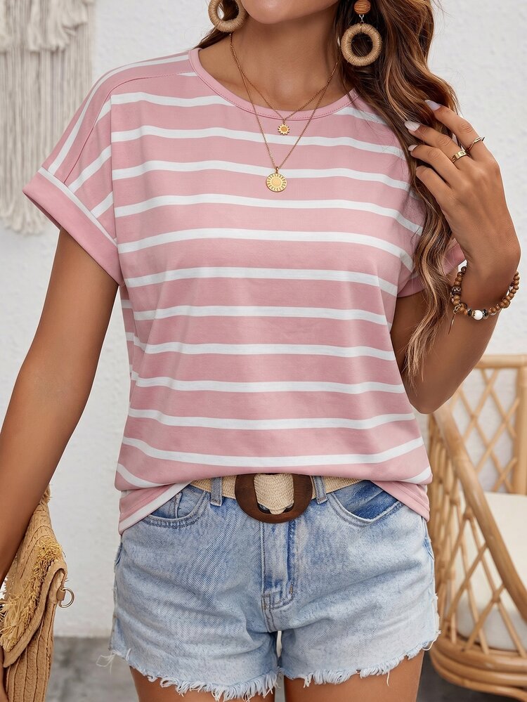 Louniche Women's Summer Striped Printed Round Neck Short Sleeve Casual T-Shirt Graphic Tees Women Tops - Pink - View 5