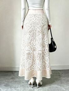 Breezaya 女款優雅極簡休閒度假風蕾絲印花裹身A字米色裙 - 杏色 - 查看 2