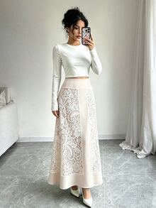 Breezaya 女款優雅極簡休閒度假風蕾絲印花裹身A字米色裙 - 杏色 - 查看 5