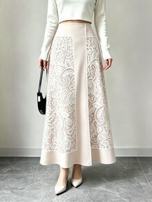 Breezaya 女款優雅極簡休閒度假風蕾絲印花裹身A字米色裙 - 杏色 - 查看 7
