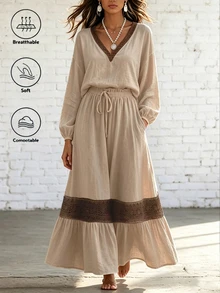 LUMIGAL Setelan 2 Potong Atasan Lengan Panjang Blok Warna + Rok Ruffle, Gaya Boho Kasual Chic untuk Liburan Sehari-hari, Liburan Musim Gugur, Brunch, dan Liburan di Musim Panas. - MultiWarna - View 3