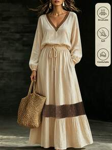 LUMIGAL Setelan 2 Potong Atasan Lengan Panjang Blok Warna + Rok Ruffle, Gaya Boho Kasual Chic untuk Liburan Sehari-hari, Liburan Musim Gugur, Brunch, dan Liburan di Musim Panas. - MultiWarna - View 4