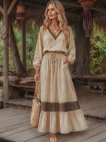 LUMIGAL Setelan 2 Potong Atasan Lengan Panjang Blok Warna + Rok Ruffle, Gaya Boho Kasual Chic untuk Liburan Sehari-hari, Liburan Musim Gugur, Brunch, dan Liburan di Musim Panas. - MultiWarna - View 5