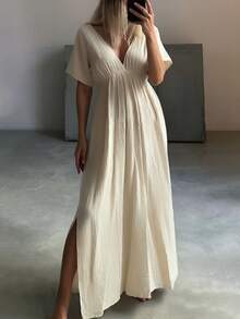 Trelyra Woven Cross-Over Deep V-Neck Long Dress - Khaki - View 1