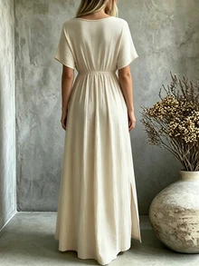 Trelyra Woven Cross-Over Deep V-Neck Long Dress - Khaki - View 2