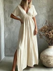 Trelyra Woven Cross-Over Deep V-Neck Long Dress - Khaki - View 3