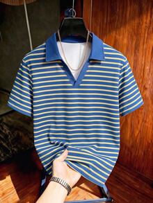 Resyla Men 男士藍黃條紋 Polo 衫，經典航海風，美式復古，韓系 Cleanfit 極簡，日系休閒青年風，適合喜好基礎疊穿與簡約風格的男士，完美適用於城市旅行、車拍、日常通勤、校園穿搭等 - 彩色 - 查看 7