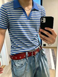 Resyla Men 男士藍黃條紋 Polo 衫，經典航海風，美式復古，韓系 Cleanfit 極簡，日系休閒青年風，適合喜好基礎疊穿與簡約風格的男士，完美適用於城市旅行、車拍、日常通勤、校園穿搭等 - 彩色 - 查看 5